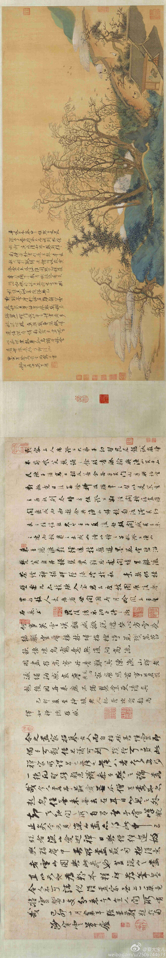 清 吴历《兴福庵感旧图卷》绢本设色横：85.7cm纵：36.7cm藏北故 怀故友默容而作，长题述二人交往，情深意切。绘兴福庵景物，寺外杂树丛竹，墙内孤松白鹤，清静悠闲，然人去室空，满目凄清，作者以笔墨寄托哀思。树木勾点结合层次分明，画面纵深，山石皴染，大面积青绿敷色表现景致