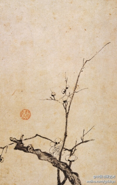 【 清 弘仁《梅花图》】 此画仅绘梅花一枝，梅花几朵，老枝虬曲，画面简约却丝毫不影响其表现力。安徽省博物馆藏。