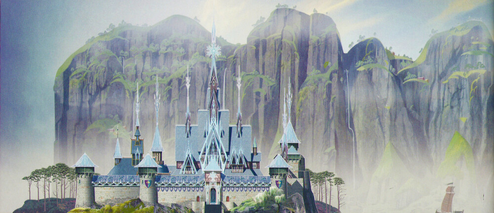 Concept art of Elsa’s powers in the last act of Frozen. * Note how, in the top frame, ice chandeliers like the one in Elsa’s palace have replaced the castle’s regular chandeliers and Elsa’s snowflake has replaced the Arendelle crocus on the ballroom floor and in the stained glass window. It’s like