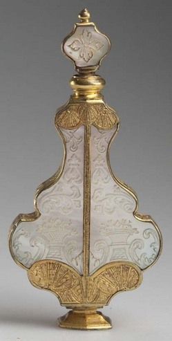 Gilt-metal-mounted mother-of-pearl [perfume or] scent bottle, possibly French, late 19th century.