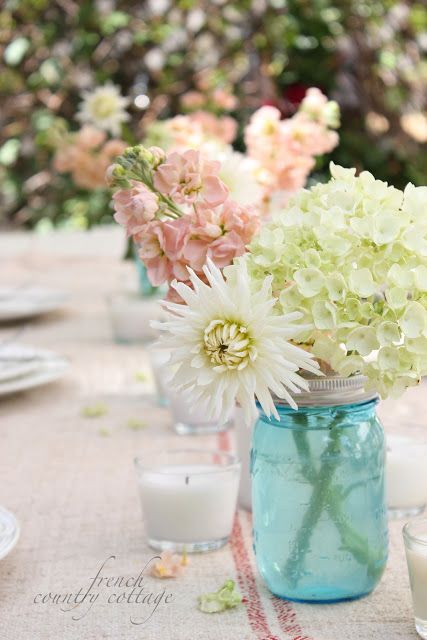 FRENCH COUNTRY COTTAGE: Summer table setting with blue mason jars