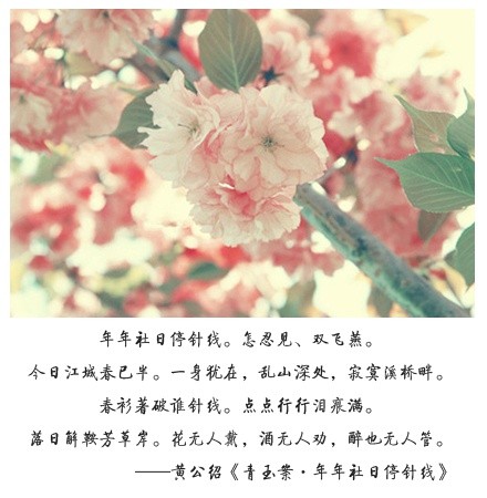 ❦ 赏·诗词_____：①... 客散酒醒深夜后，更持红烛赏残花。——李商隐《花下醉》；②... 载酒买花年少事，浑不似，旧心情。——卢祖皋《江城子·画楼帘暮卷新晴》；③... 花无人戴，酒无人劝，醉也无人管。——黄公绍《青玉案·年年社日停针线》