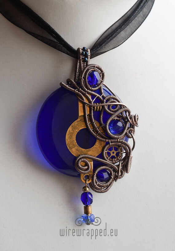 Cobalt blue steampunk round pendant by ukapala