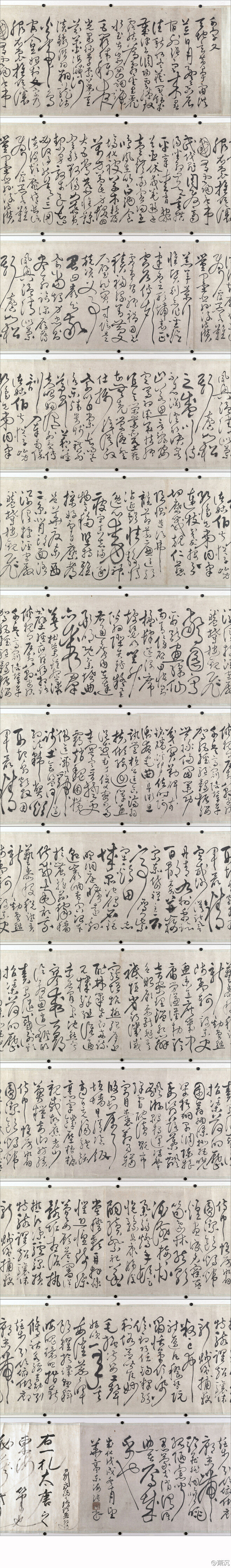 紐約大都會博物館藏明人張弼草書【千字文】。張弼（1425-1487），字汝弼，號東海，晚號東海翁。明-松江府-華亭縣人（今上海-松江）。成化二年進士，授兵部主事，晉員外郎，後因遭排擠，外任江西-南安知府。在南安創(chuàng)射圃，建社學(xué)，辦書院，祀先賢，修郡志。告歸之日，老幼攀轅相送，為其建祠塑像。