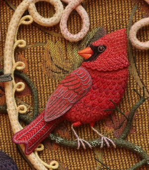 Cardinal from the Birds of Beebe Woods fiber art.