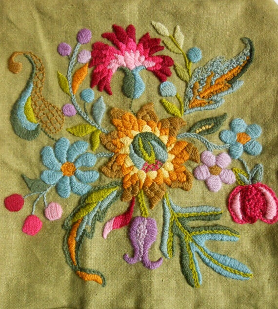 Embroidered Crewel Pillow Cover