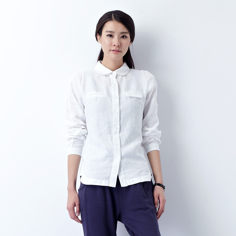 亚麻衬衫长袖女初棉春装女装女士修身白衬衣韩版s