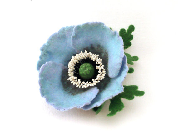 Felt brooch pale blue Poppy, ready to ship