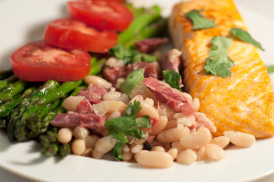 Salmon asparagus cannellini beans