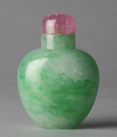 Snuff Bottle and Stopper Heart Shape; Glass Imitating Jade Artist/maker unknown, Chinese Geography: Made in China, Asia Period: Qing Dynasty (1644-1911), Date: 1720-1850 Medium: Jadeite; pink tourma…