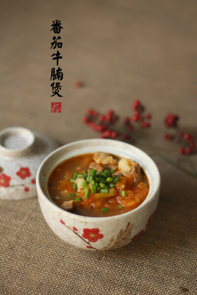 【玉盘珍馐】中式美食教程食谱 by 李白鹿 【番茄牛腩煲】牛腩入热水焯，拂去泡沫捞出沥干；热油锅，七成热倒姜片，蒜头，洋葱，葱结，八角炒香，番茄提前去皮切碎，倒入锅内翻炒至软烂，倒入牛腩翻炒一分钟后关火。…