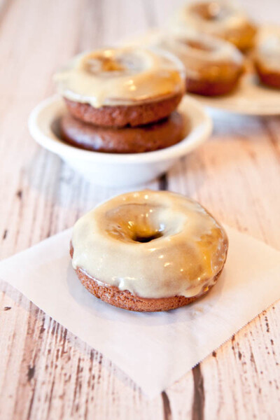 Baked Chocolate Peanut Butter Donuts with Vanilla Peanut Butter Glaze