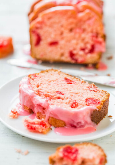 Sweet Soft Cherry Bread with Cherry-Almond Glaze - An easy quickbread that's perfect for Valentine's Day, Easter, or Mother's Day! Because you can never have too much pink!