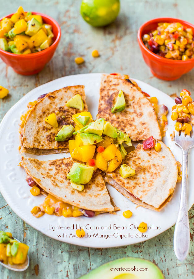 Lightened Up Corn and Bean Quesadillas with Avocado-Mango-Chipotle Salsa (vegetarian/vegan option) - You don't have to derail your diet to enjoy hearty &amp;amp; satisfying comfort food! This version is only about 300 calories &amp;amp; ready in 15 minutes!