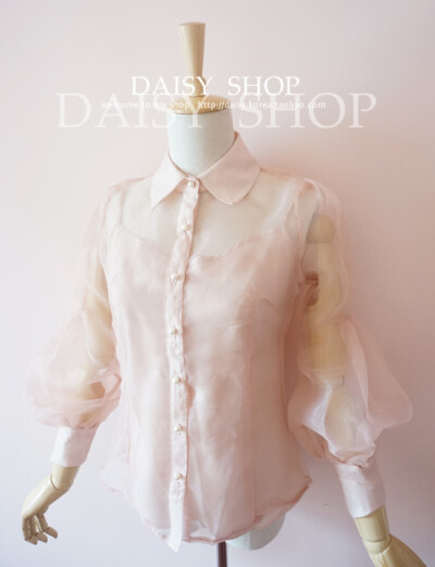 Daisy-shop 韩国定制甜美泡泡袖糖果色欧根纱透视衬衫