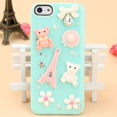 iphone5/5S可爱小清新小熊精致小草帽埃菲尔铁塔苹果镶钻手机壳