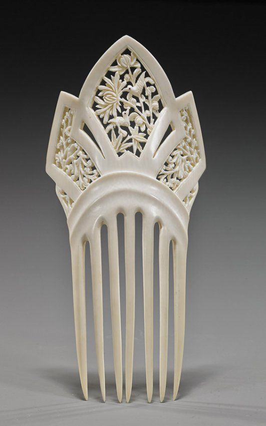 Old Chinese Carved Ivory Hair Ornament Early 20th Century, carved ivory comb hair ornament, probably Chinese Export; with openwork bird and floral designs, inlaid eyes; L: 7&amp;quot;