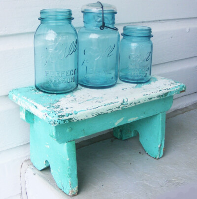 Aqua Blue Mason Jars on Blue Aqua Bench