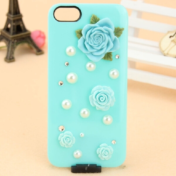 iphone5/5S小清新薄荷绿树脂玫瑰花纯手工镶钻苹果手机壳