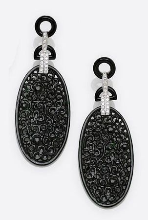 Carved jadeite jade, black onyx and diamond earrings