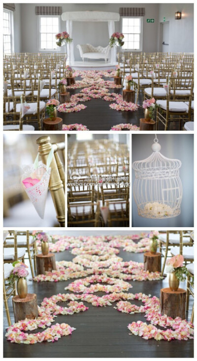 #格拉芙婚礼素材欣赏# 粉色花瓣和金色竹节椅装饰的室内婚礼仪式场地