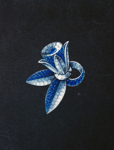 Drawing of a brooch of a diamond and sapphire stylized flower (Reflection Series), American, 1930s–1950s.