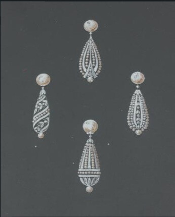 Belle Epoque gouache designs for pearl and diamond earrings.