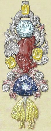 Detailed gouache of the recreated great Golden Fleece of King Louis XV of France. Below the 107 carats (21 g) spinel Côte de Bretagne hangs the French Blue diamond (later cut down to the Hope Diamond)…