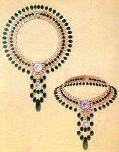 Boucheron sketch of a necklace in diamonds and emeralds, designed for the Maharajah of Patiala, 1928