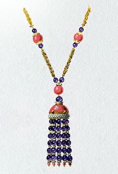 Drawing of a yellow gold, amethysts, diamonds and coral sautoir, circa 1970, Van Cleef &amp;amp; Arpels’ Archives