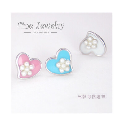 fine jewelry 925纯银耳钉 珍珠烤漆爱心耳钉 纯银防敏