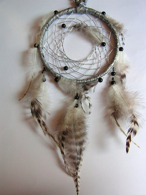 Silver Dreamcatcher with Black Tourmaline Beads &amp;amp; Guineafowl Cockrel Feathers by Rainbow Dreamcatchers