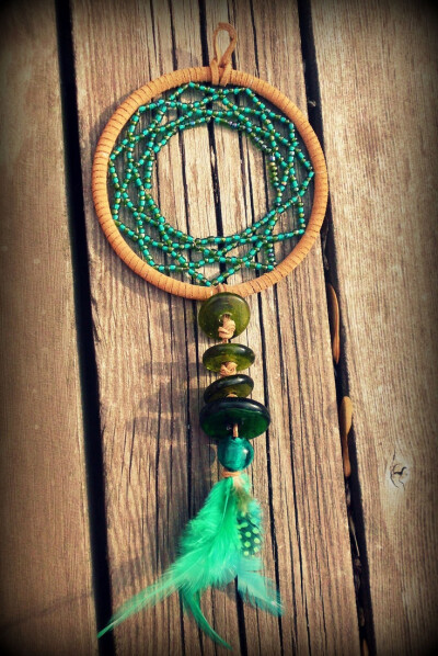 Earthy Colored Fishtail Dreamcatcher- Beaded Leather Feather &amp;amp; Glass Bead Dream Catcher