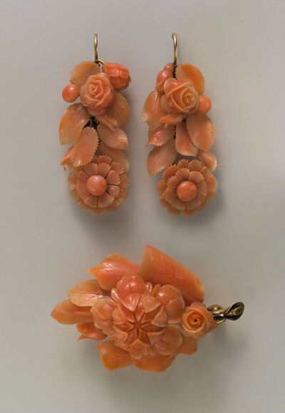 Brooch and earrings, 1854–70 Tiffany &amp;amp; Company (American, 1837–present) Coral, gold