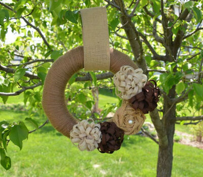 Fall Wreath Yarn Wreath in Brown with Burlap by KutItOutCrafts, $35.00