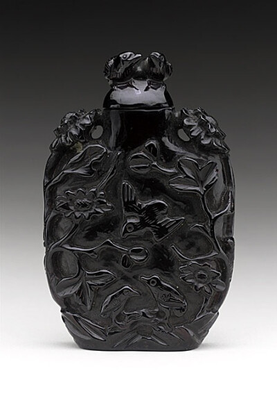 Snuff Bottle (Biyanhu) with Birds and Flowers, China, Late Qing dynasty, about 1800-1911, Carved dark red amber, with matching stopper --