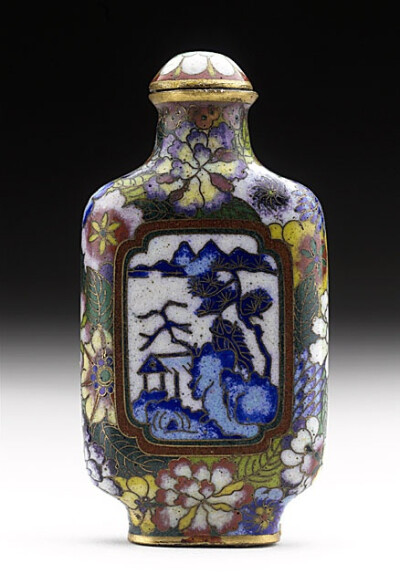 China Snuff Bottle (Biyanhu) with Landscape Reserves, 20th century Snuff Bottle; Cloisonné; Metalwork, Cloisonné enameled meta