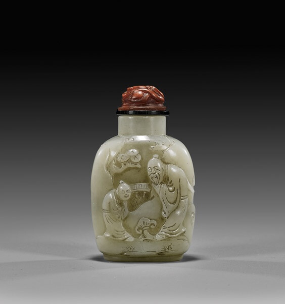 CARVED CELADON JADE SNUFF BOTTLE 青玉雕人物紋鼻煙壺 Finely hollowed, whitish celadon jade snuff bottle; the front carved with scene of a scholar and boy in a landscape setting with bridge in the background; lacquered-style composite stopper; H: 2 7/8&amp;quot;