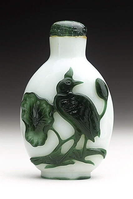 Snuff Bottle (Biyanhu) with Lotus and Water Bird, China, Late Qing dynasty, about 1800-1911, Green overlay on opaque white glass, with glass stopper