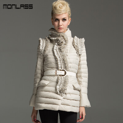 【monlass旗舰店】欧洲站2013白鹅绒羽绒服欧美大牌宫庭褶皱奢华保暖羽绒服女中长款