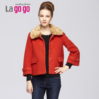 【lagogo服饰旗舰店】lagogo 拉谷谷 2013冬季新款甜美桔红短款毛领毛呢大衣3DH983C433