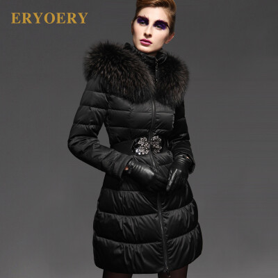 【eryoery爱维依尔旗舰店】ERYOERY 2013新款欧美高端奢华超大貉子毛领羽绒服女中长款修身