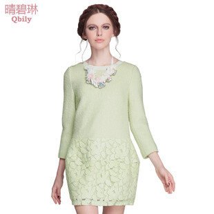 【晴碧琳服饰旗舰店】晴碧琳2014春装新款女装 甜美圆领蕾丝拼接A字七分袖羊毛呢连衣裙