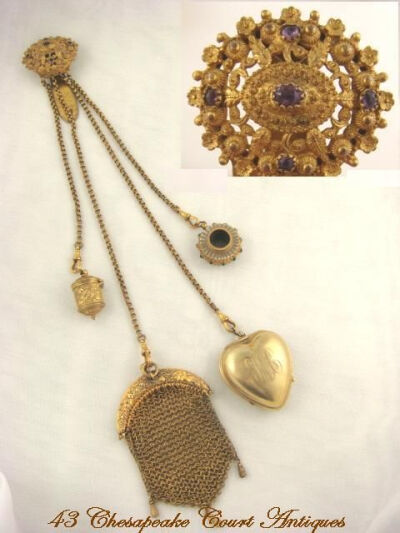 Antique Gilt Chatelaine with Sterling Silver/ Heart Vinaigrette &amp;amp; Magnifying Glass