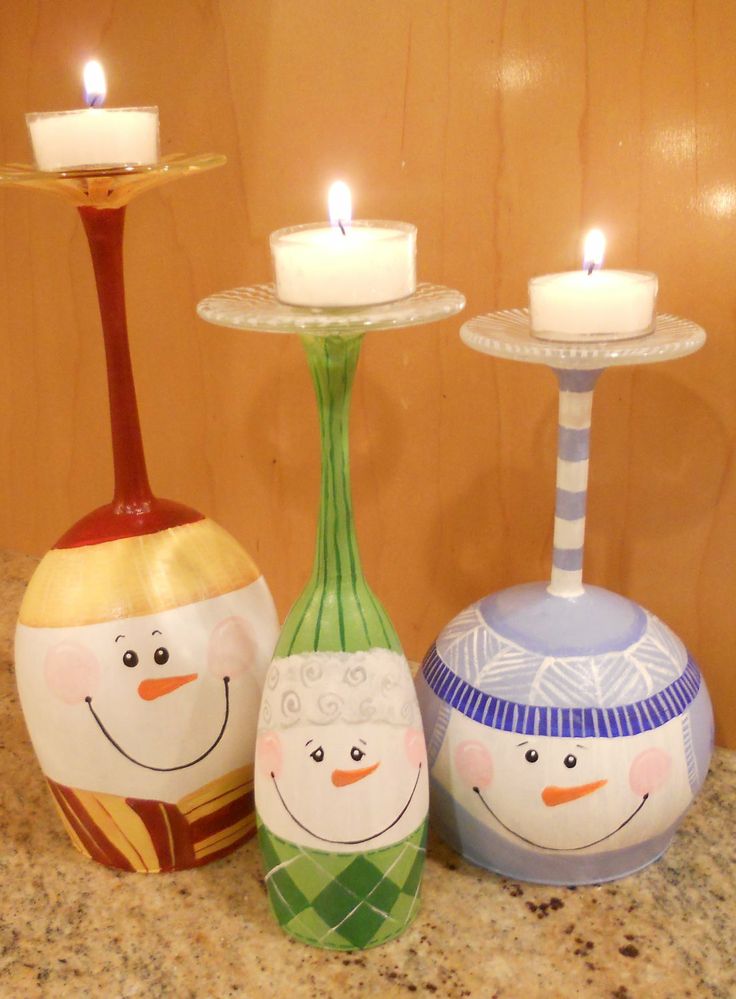 Wine Glass Snowmen Candle Holders