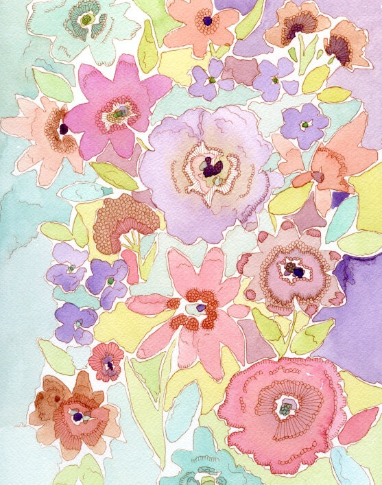 Watercolor Art Illustration Print 8 x 10 Floating Flowers