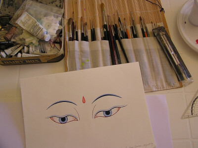 The eyes of the Buddha; painted by Carmen Mensink, during a Thangka painting course that she gave in Italy. www.tibetanthangkapainting.com