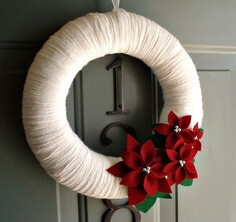 Made a yarn wreath for my August wreath. Used different felt flowers. Wrapping the yarn took a lot longer than I thought. It was MUCH easier once i rolled the yarn into a ball (instead of just keeping in its original skein shape). I must conclude that thicker yarn would go faster.