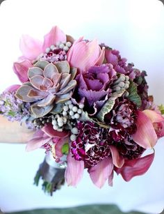 Lavender, gray, plum bridal bouquet with kale and succulents