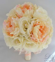 17pcs Wedding Bridal Bouquet Silk Flower Decoration Package Rose PEACH IVORY